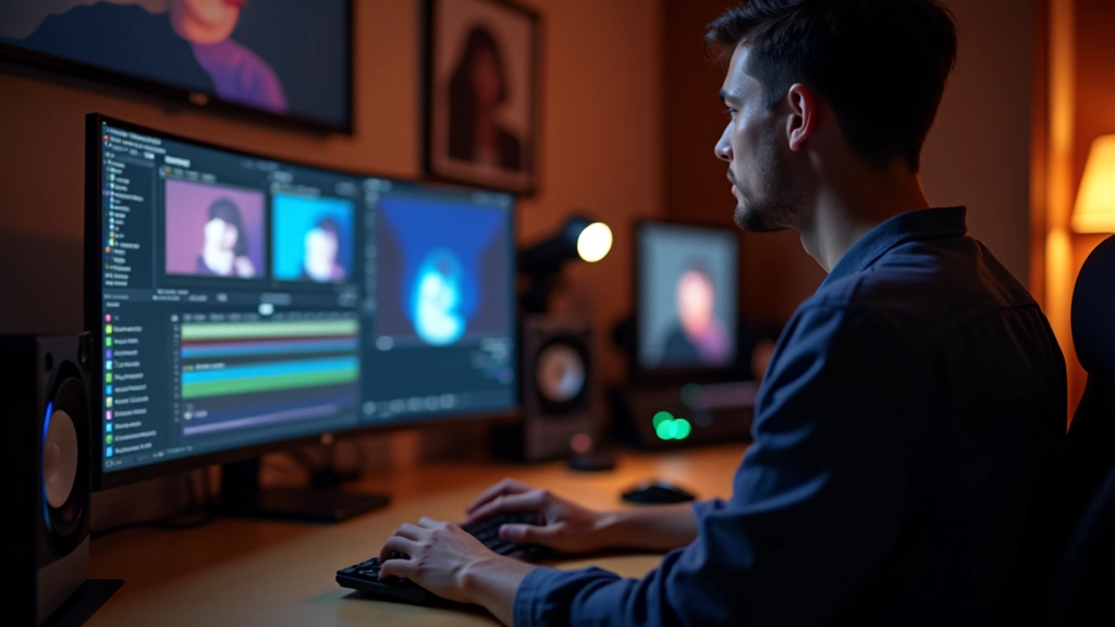 Editor trabajando con software de color grading, ajustando curvas y LUTs en estación de trabajo profesional