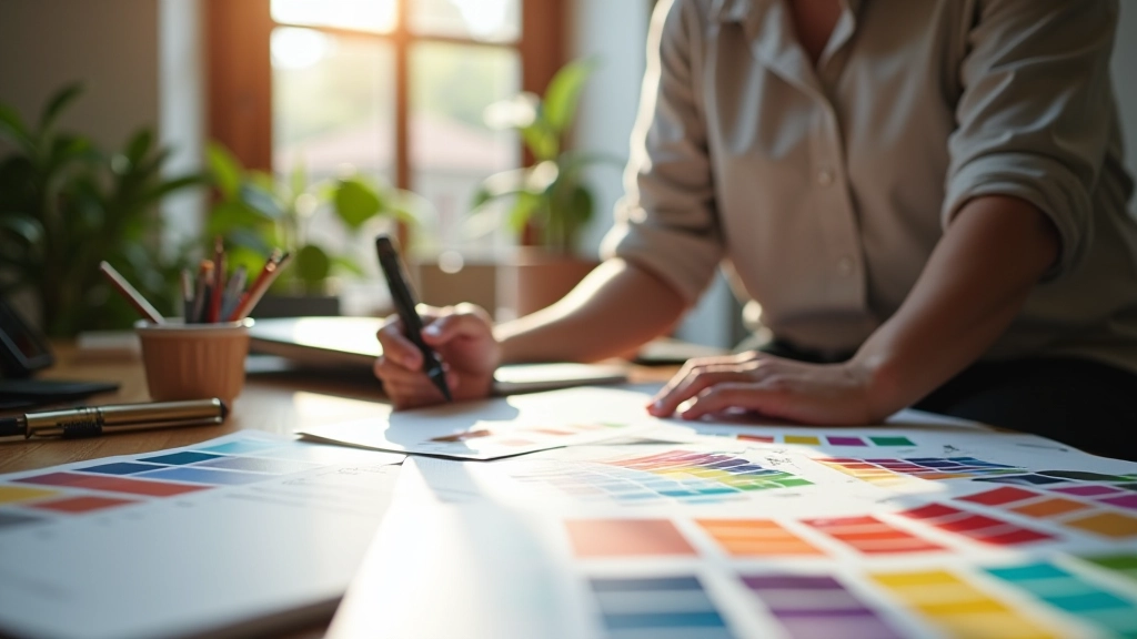 Espacio de trabajo creativo con materiales de análisis de color y dinámicas visuales