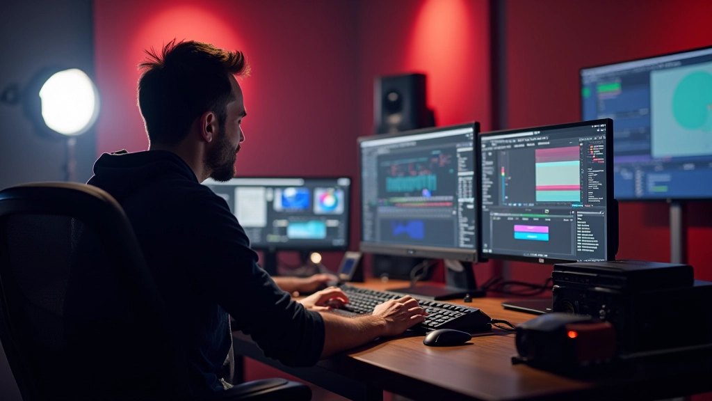 Estudio de edición de vídeo profesional con monitores de color calibrados y equipo de grading