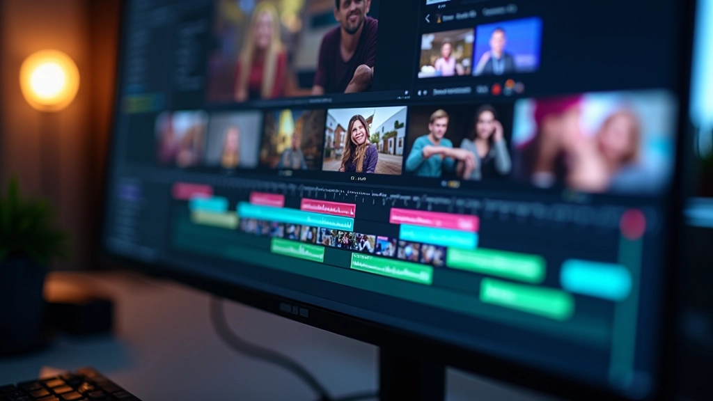 Interfaz de línea de tiempo con clips de color y transiciones