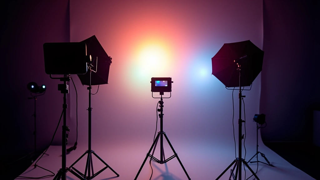 Equipo de iluminación profesional en estudio de grabación con diferentes temperaturas de color configuradas
